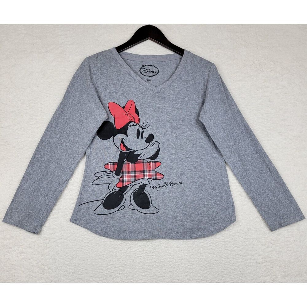 Disney Minnie Mouse Pajama Shirt Large L Gray Red Black Graphic Long Sleeve